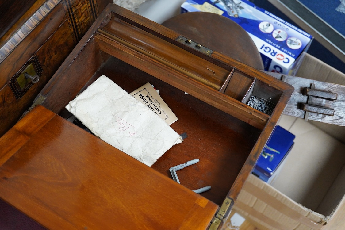 Two Victorian bandwork writing slopes and another rosewood box, one with key, largest 50cm wide